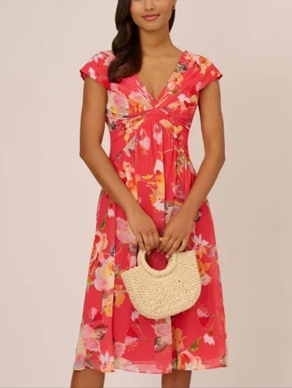 Coral Red Floral Midi Dress Twist V-Neck Cocktail Wedding Guest Adrianna Papell